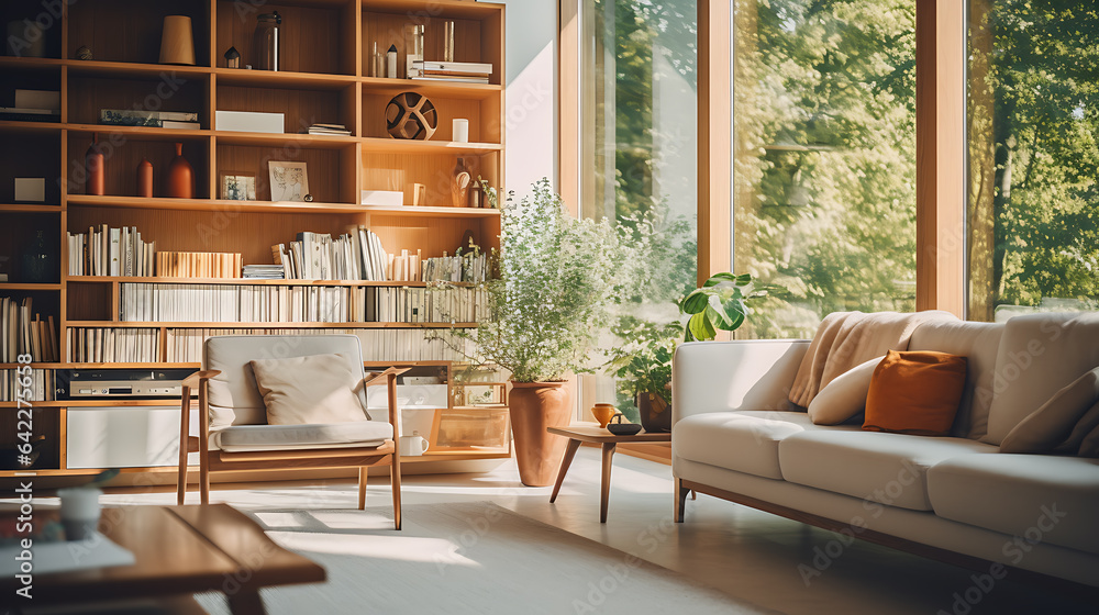 Modern living room interior with sofa. Generative AI