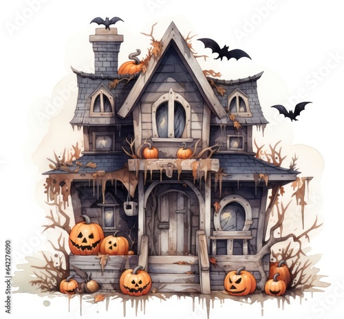 Watercolor haunted house Halloween illustration on white background. © Kowit