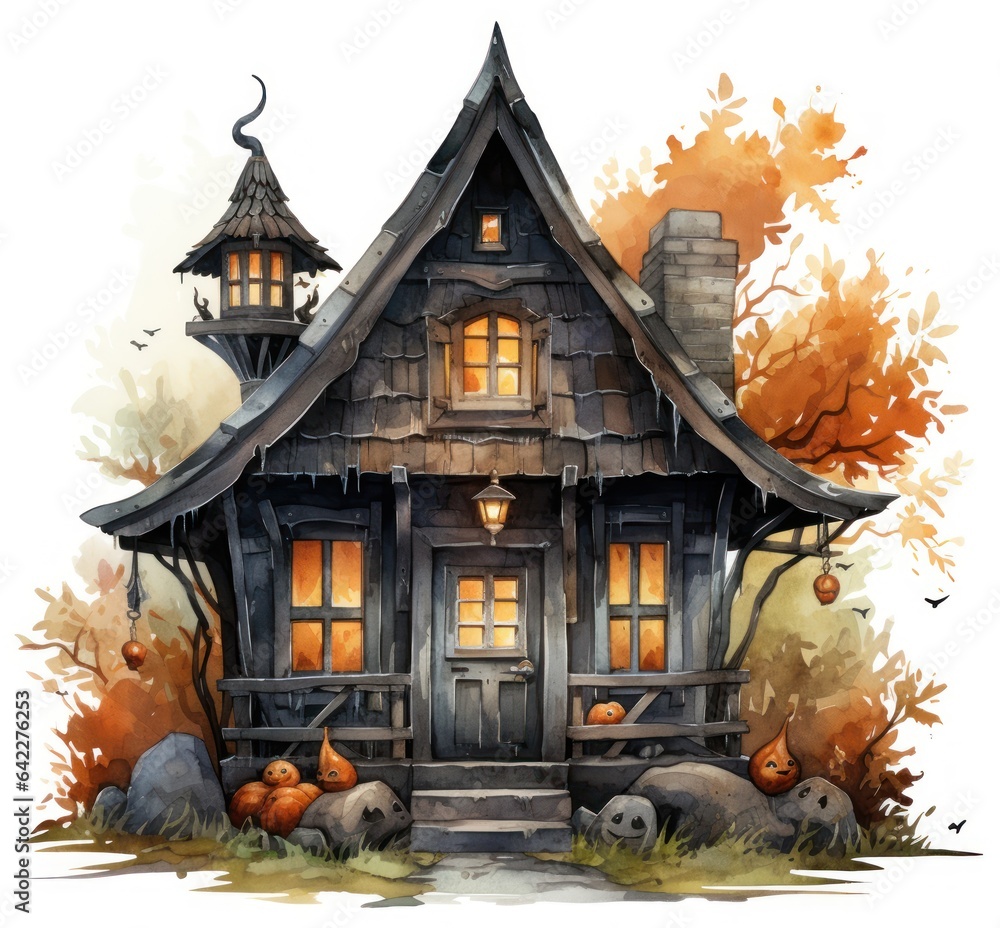 Watercolor haunted house Halloween illustration on white background.