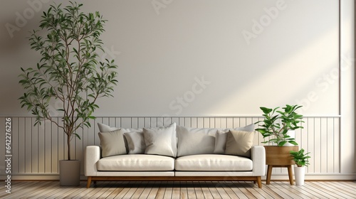 Modern living room with white wall, plant, and no furniture..