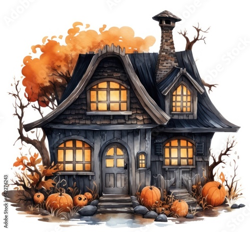 Watercolor haunted house Halloween illustration on white background. © Kowit