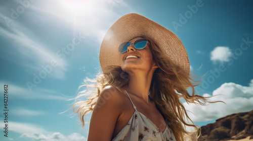 beautiful woman looking to sun at beach wearing straw hat and sunglasses and white floral dress	