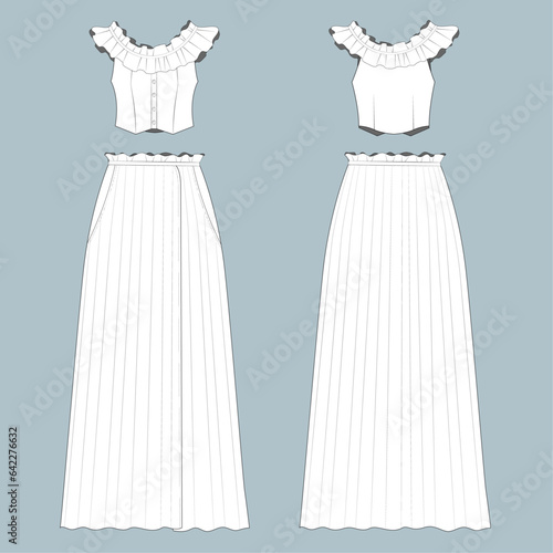 Pleated length skirt and ruffles cropped top fashion flat technical sketch drawing template. CAD outfit design vector illustration template. fashion CAD mock up design for garment, apparel template.