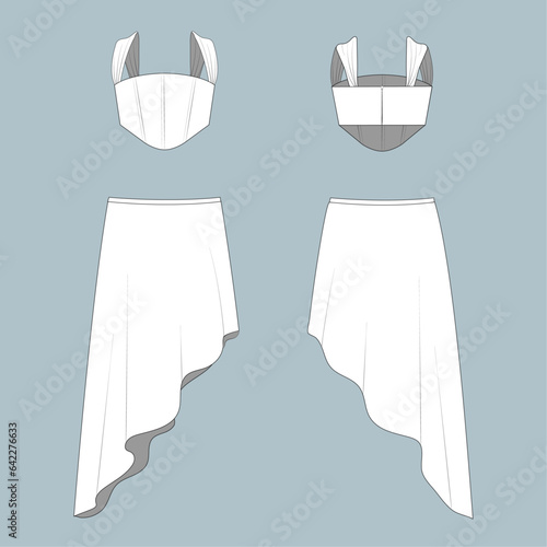 High low skirt and corset top fashion flat technical sketch drawing template. CAD outfit design vector illustration template. fashion CAD mock up design for garment, apparel template.