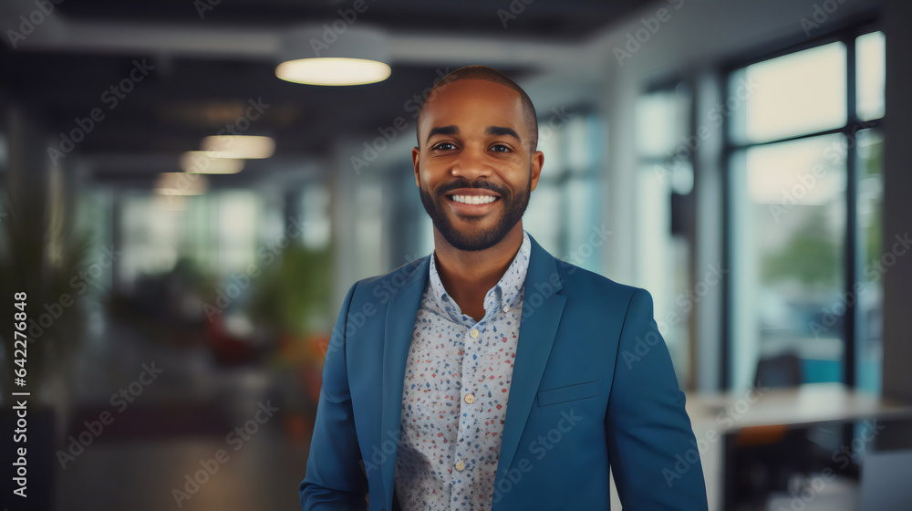 work portrait of happy poc black man wearing light blue business suit in office environment work portrait of happy poc black man wearing light blue business suit in office environment