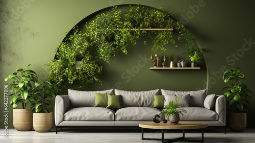 Interior of a contemporary living room with a green sofa  green plants  and green walls..