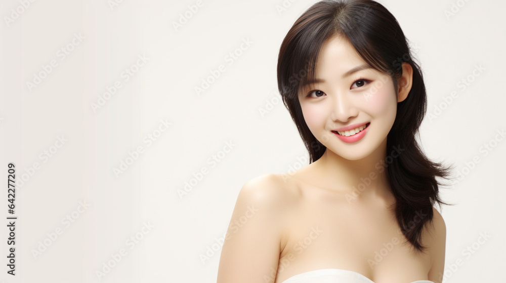 one young adult woman, strapless dress or gown, Asian, white light skin tone, smiling, portrait isolated, fictional location one young adult woman, strapless dress or gown, Asian, white light skin tone, smiling, portrait isolated, fictional location
