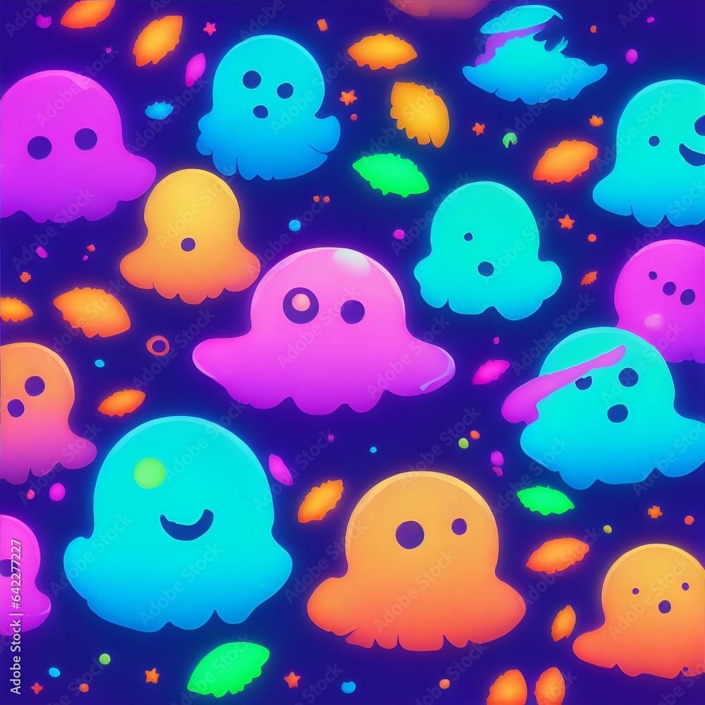 colorful of cute ghost doodole neon light background