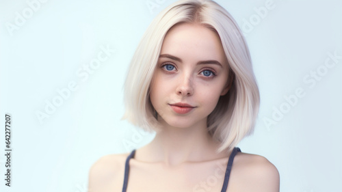 A young adult woman  wearing tank top  summer or at home  cozy casual  caucasian  blonde  blonde hair color  medium length shoulder length hair  fictional location