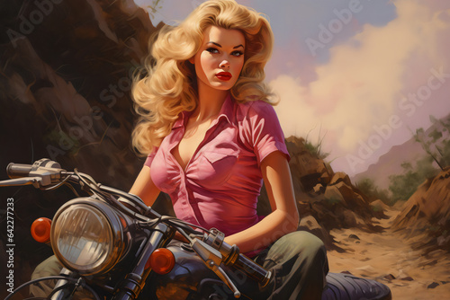 beautiful blonde woman sitting on motorbike in adventure vintage pinup style 1940s painting 