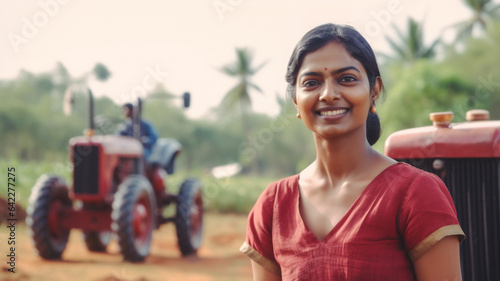 young adult woman, 30s, is a farmer in a field in a field, with a tractor, agriculture and self-employment, food production and cultivation, indian, red dot on forehead as bindi photo