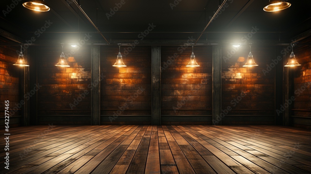 spotlight-lit room with a hardwood floor..