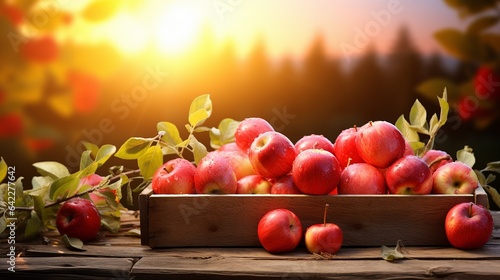 Autumn and Harvest Concept  Apples In Wooden Crate On Table At Sunset..