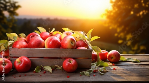 Autumn and Harvest Concept  Apples In Wooden Crate On Table At Sunset..