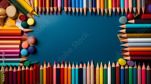 Back to school stationery with a frame of school supplies like pens and pencils on the outside and a square blank copy area in the centre for an advertisement or text. .