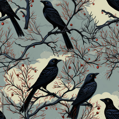 Crow Raven Seamless Halloween tile created with Generative AI technology