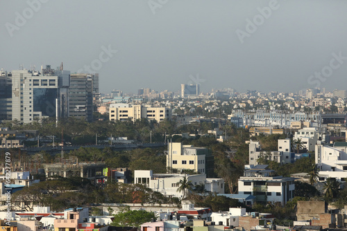 City scape of Chennai,Tamilnadu,India with elevated metro track and other buildings and IT offices and malls visible