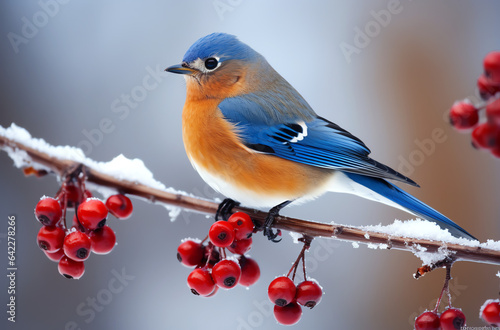 Bluebird on snowy branch in winter. Generative AI