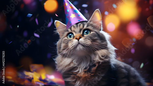 there is a cat wearing a party hat with confetti on it Generative AI