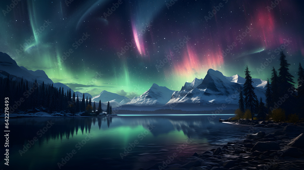 arafed image of a mountain range with a lake and aurora lights Generative AI