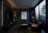 Minimal living room with black tones. 3D illustration rendering