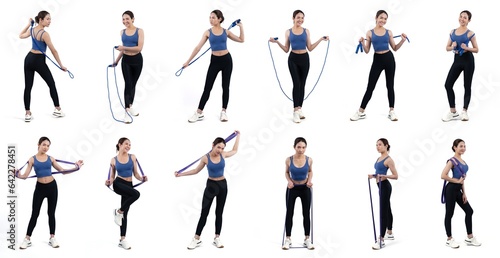 Collection of body workout training with exercise posture for athletic woman in different various exercising pose sequence in full body studio shot on isolated background. Vigorous