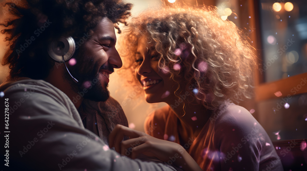 they are looking at each other and smiling while listening to music Generative AI