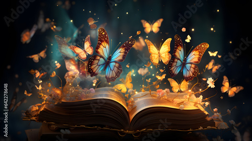 butterflies flying out of an open book with a dark background Generative AI