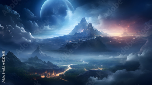 mountains and a river in the distance with a full moon in the sky Generative AI