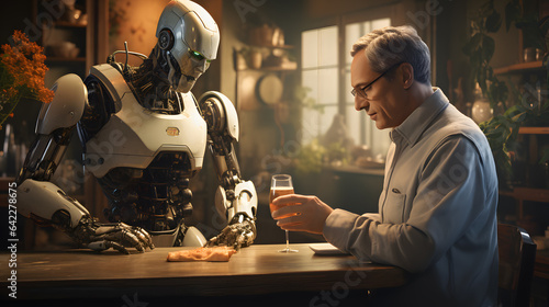 arafed man sitting at a table with a glass of wine and a robot Generative AI