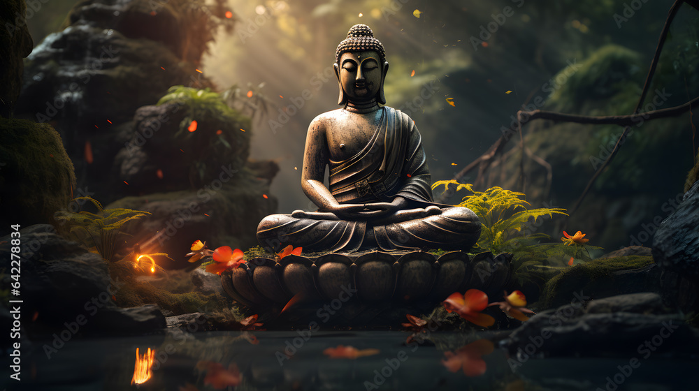 there is a statue of a buddha sitting on a rock Generative AI