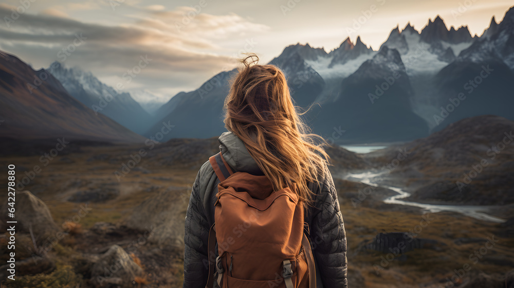 there is a woman with a backpack looking at a mountain range Generative AI there is a woman with a backpack looking at a mountain range Generative AI
