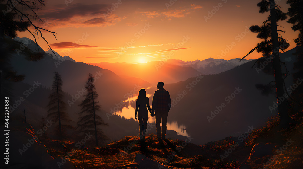 there are two people standing on a mountain top looking at the sunset Generative AI