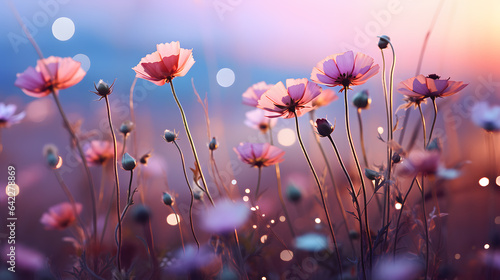 flowers in a field with a blurry background and a sun Generative AI