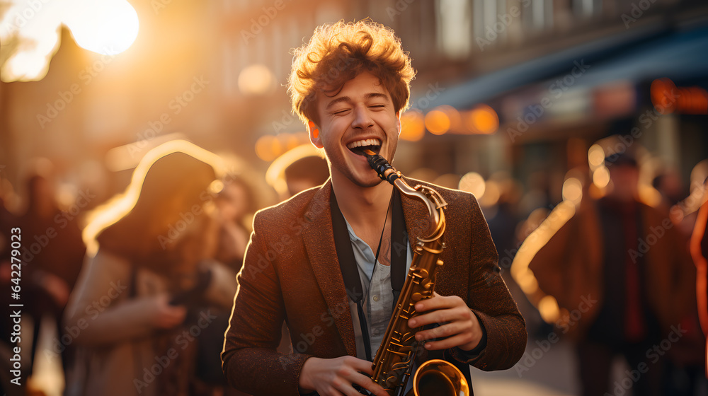 arafed man playing a saxophone in a crowded city street Generative AI - obrazy, fototapety, plakaty 