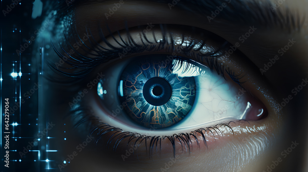 Fototapeta premium there is a close up of a person's eye with a blue iris Generative AI
