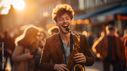 arafed man playing a saxophone in a crowded city street Generative AI