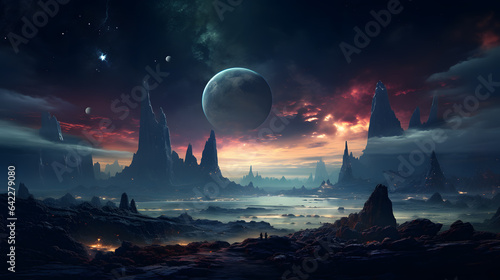 futuristic landscape with a distant planet in the distance Generative AI
