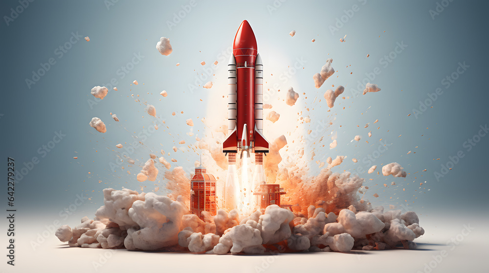 arafed red rocket taking off from a cloud of white clouds Generative AI