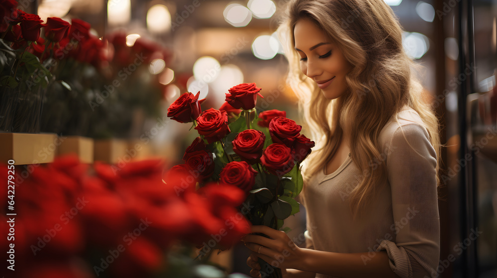 woman smelling a bunch of red roses in a flower shop Generative AI - obrazy, fototapety, plakaty 