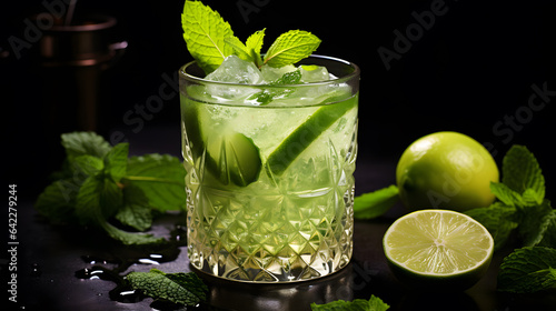 there is a glass of green drink with lime and mint leaves Generative AI