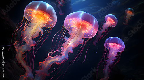 jellyfishs floating in the water with a bright light shining on them Generative AI © Bipul Kumar