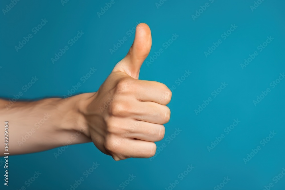 Thumbs up isolated on blue background, concept Admiration, Excellent Thumbs up isolated on blue background, concept Admiration, Excellent