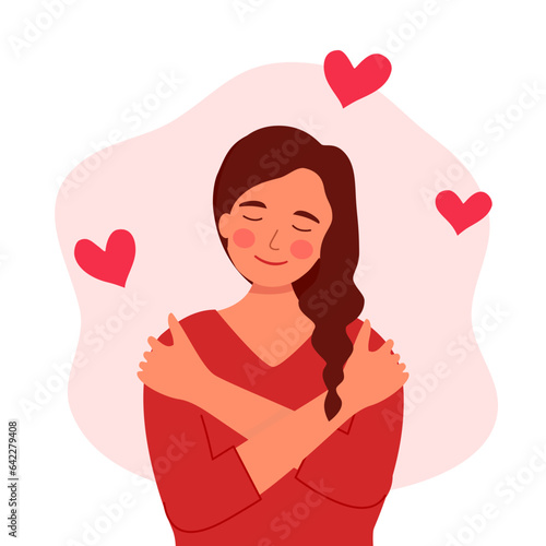 Self love concept vector illustration. Young pretty woman hugging herself with red hearts around in flat design. Happiness.