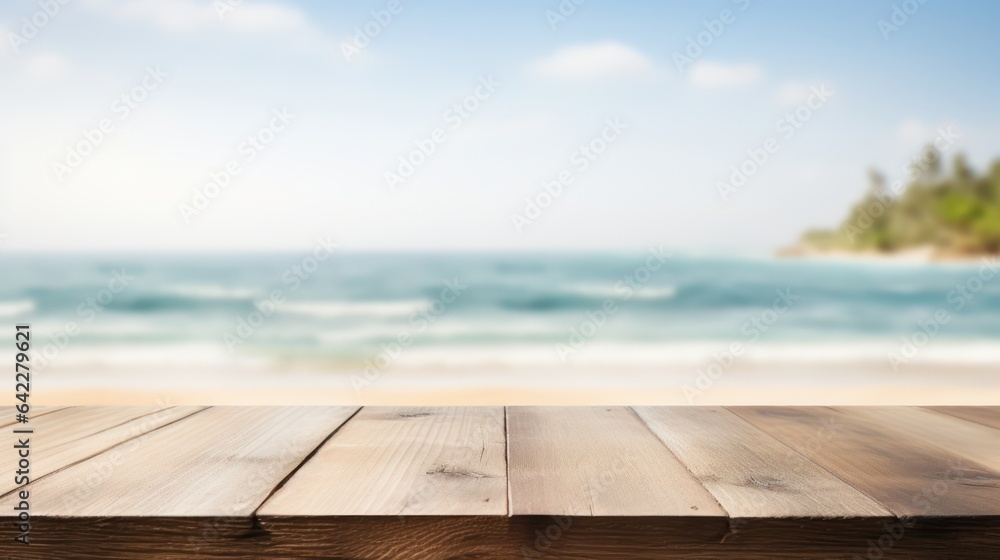 Wooden desk of free space for your decoration and summer landscape of beach. Generative Ai. Wooden desk of free space for your decoration and summer landscape of beach. Generative Ai.