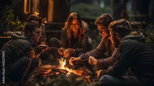 several people sitting around a campfire with a fire in the middle Generative AI