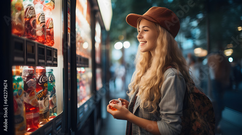 araffe woman in a hat looking at a vending machine Generative AI photo