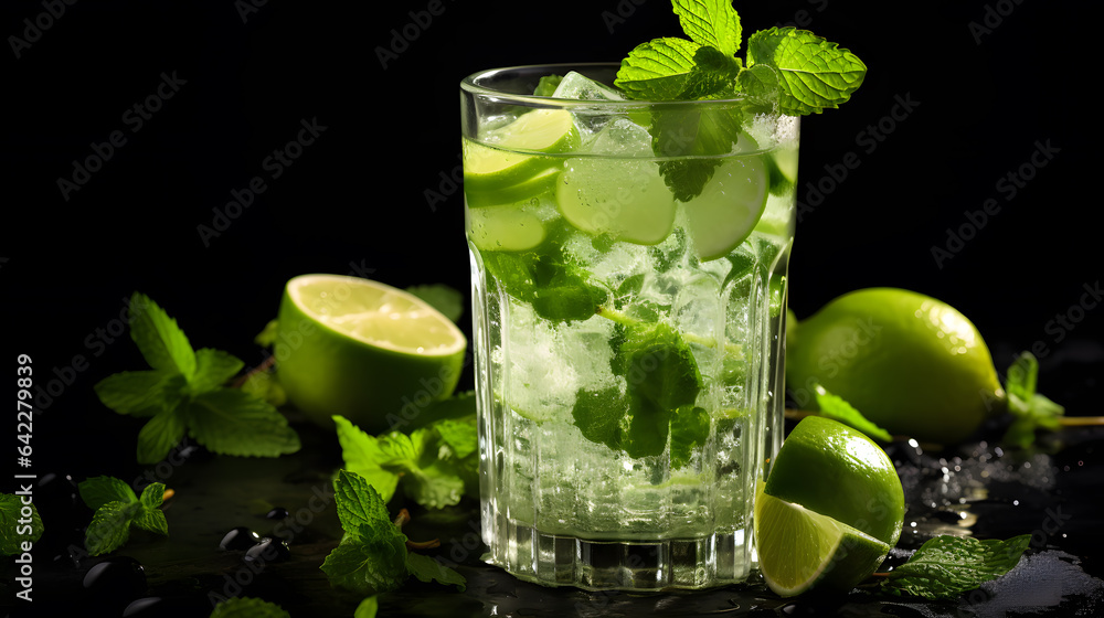 there is a glass of mojita with lime and mint leaves Generative AI there is a glass of mojita with lime and mint leaves Generative AI