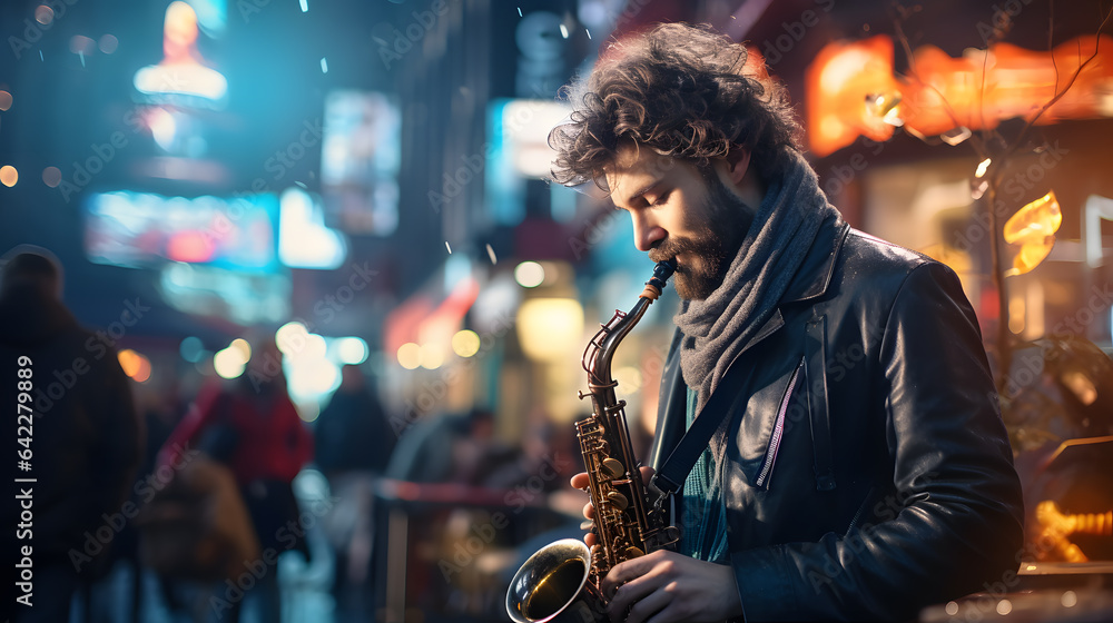 arafed man in a leather jacket playing a saxophone on a city street Generative AI - obrazy, fototapety, plakaty 