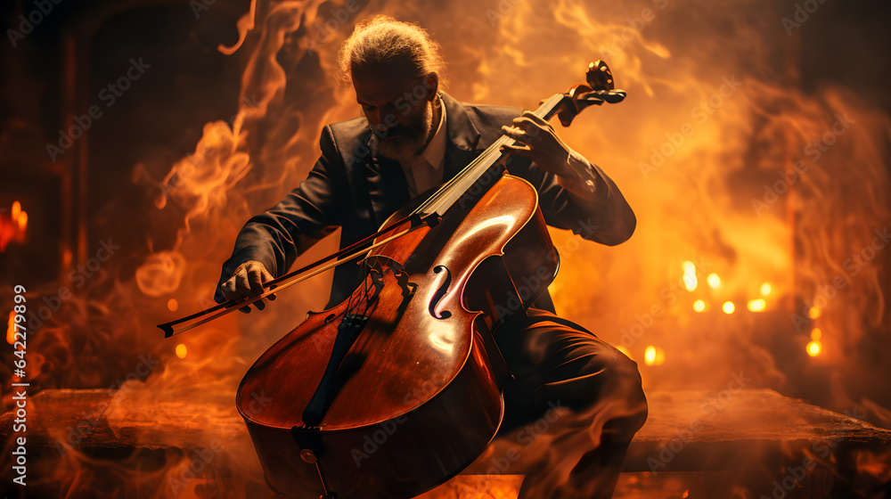 there is a man playing a cello in a dark room Generative AI